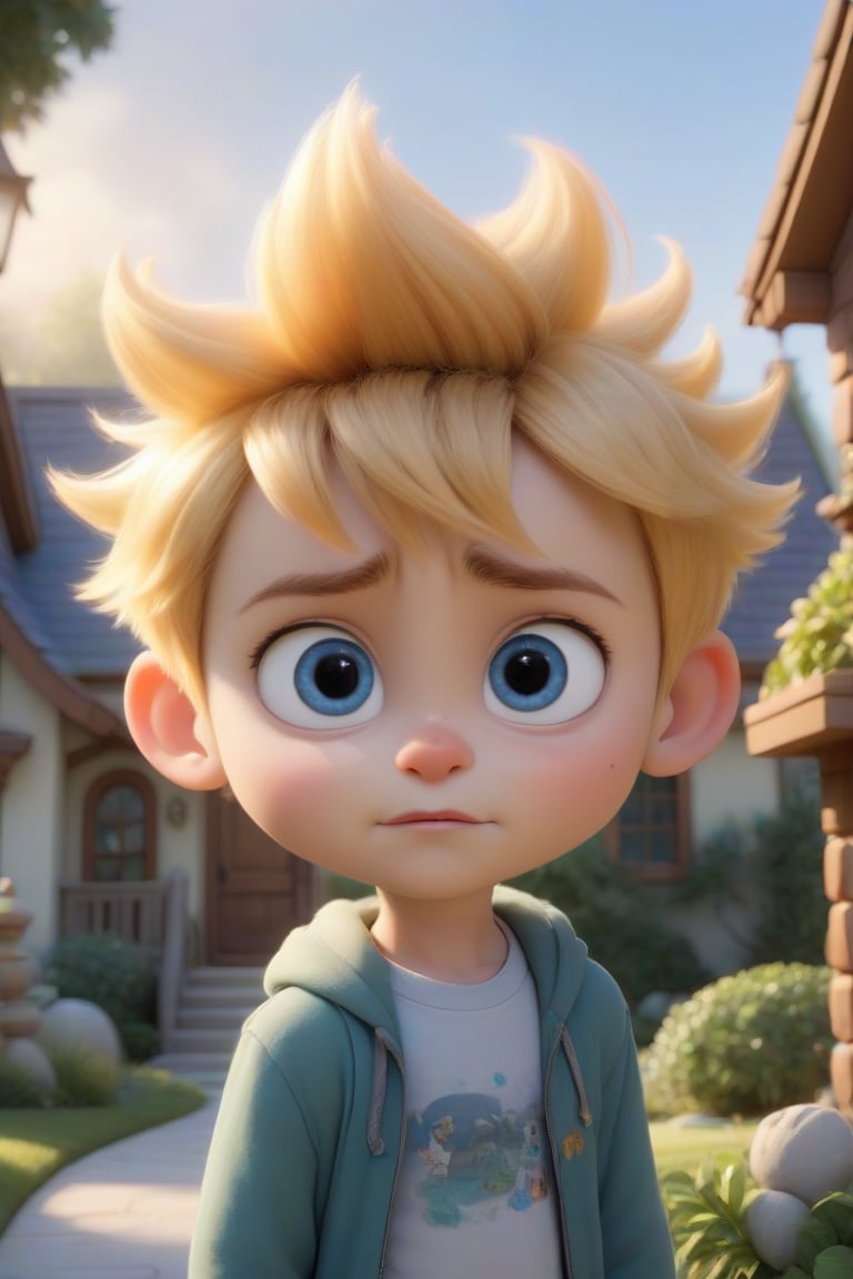 A whimsical chibi boy with vibrant gold hair stands proudly in front of a Disney-Pixar inspired Dream House, aglow with soft natural light against a pure white UHD background. The boy's bright eyes and endearing expression are framed by a soft focus blur, inviting the viewer to enter his fantastical world. His full-body pose exudes curiosity as he gazes up at the enchanting abode, cartoon-like details and textures adding to the dreamlike atmosphere.