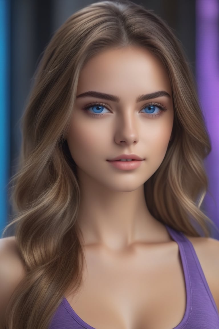 masterpiece, best quality, ultra-detailed, ultra high res, (photorealistic:1.4), raw photo, (realistic:0.2), 8k HDR, realistic lighting, 1girl, solo, looking at viewer, asymmetrical long hair, (detailed oily skin), blue eyes, (detailed face), (cyble background :1.1), (upper body:1.2), purple tanktop