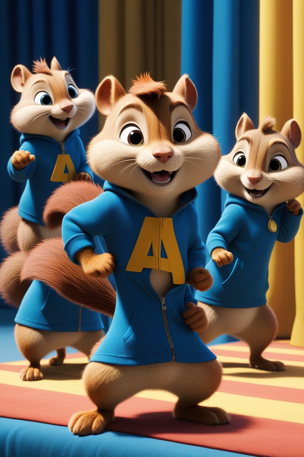 A whimsical cel-shaded animation brings Alvin and Simon from The Chipmunks to life in a lively musical performance. The camera pans across the colorful scene, framing the brothers' energetic dance moves amidst bright blue curtains, with Squirrel grasping a microphone and harmonizing with his friends as their bushy tails swish to the upbeat rhythm.