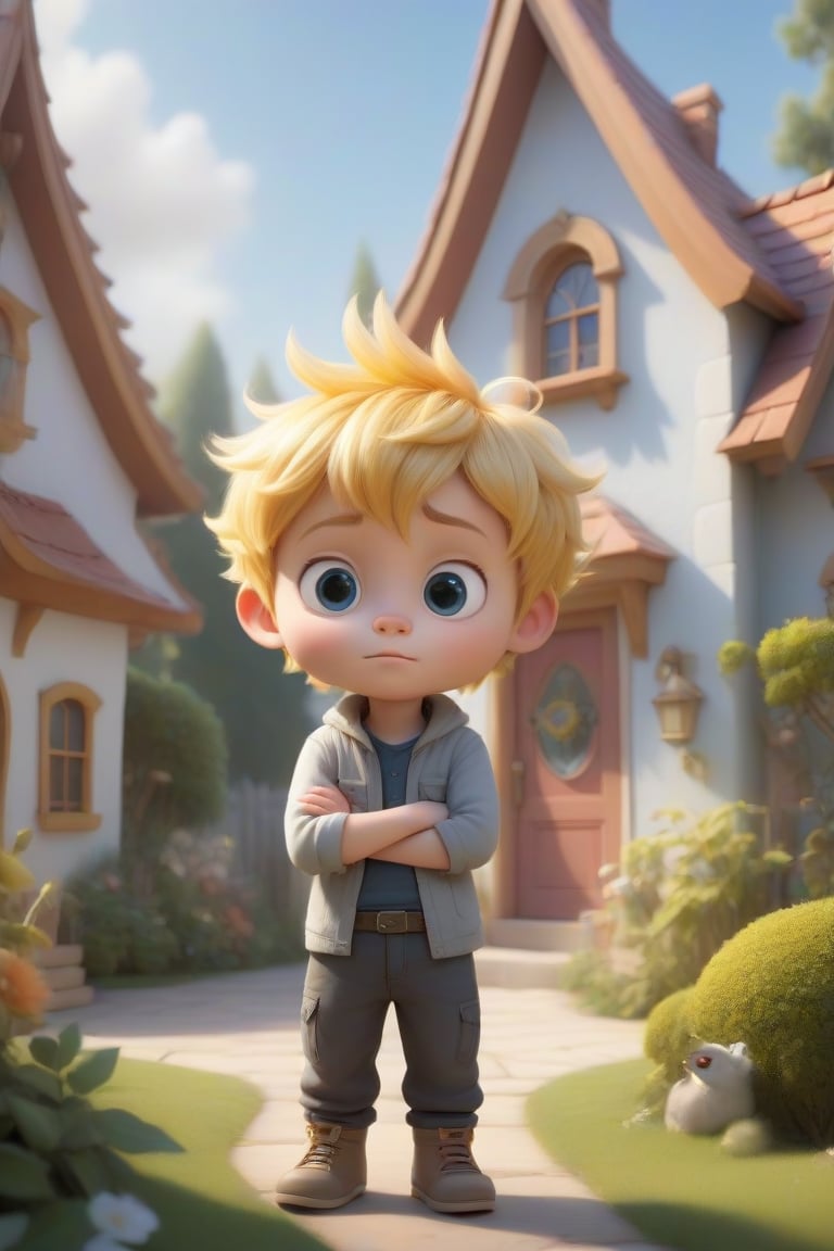 Here is a 4D photographic image prompt:

A surreal, photorealistic concept art piece featuring a full-body shot of a cute little chibi boy with vibrant gold hair, standing in front of a whimsical Dream House inspired by Disney-Pixar style. Soft, natural light wraps around the subject, creating a voluminous effect against a pure white UHD background. The boy's bright eyes and adorable expression are framed by a soft focus blur, inviting the viewer to step into his fantastical world.,cartoon