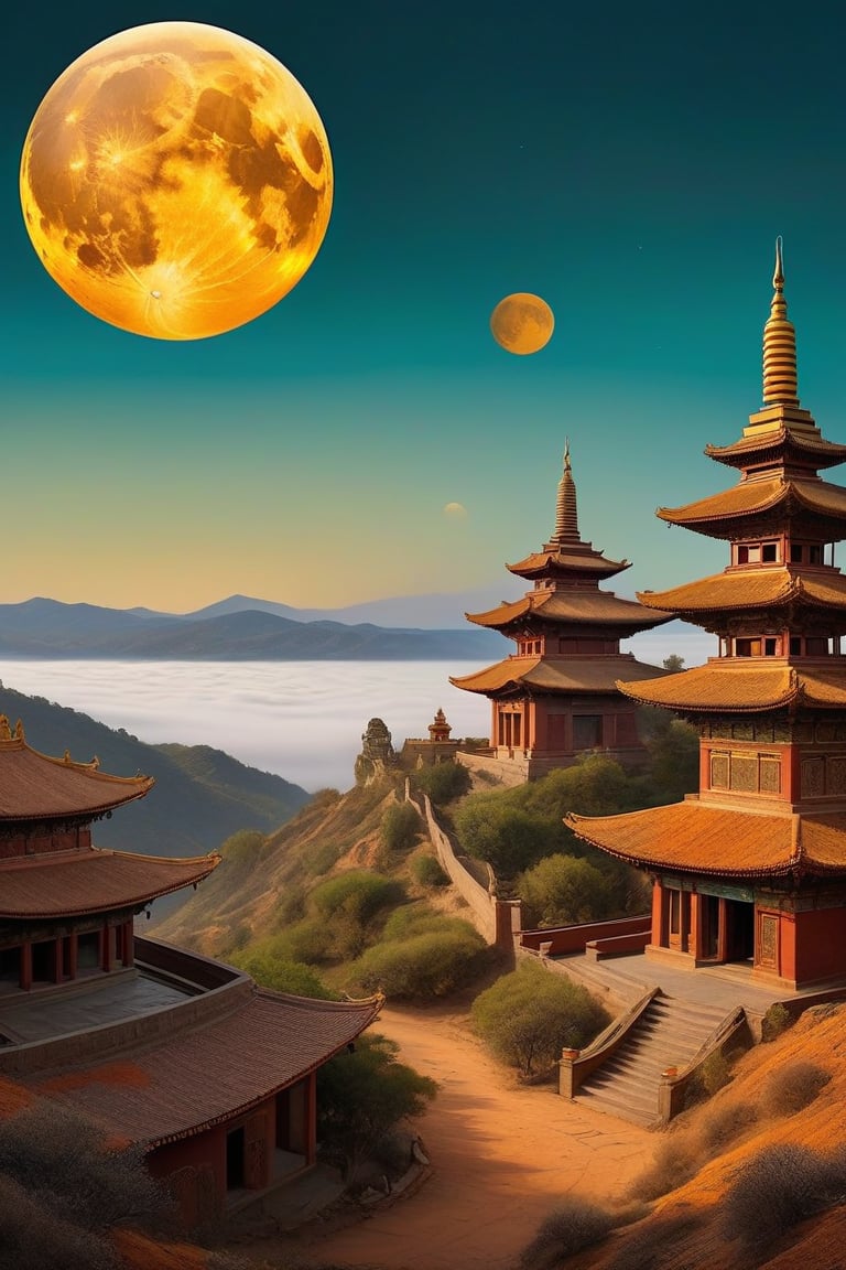 "A surreal, futuristic landscape at dusk with a massive, luminous golden moon dominating the sky, casting a warm glow over everything. The moon should be sharp, detailed, and prominent in the foreground. The background should transition into an abstract, painterly environment featuring indistinct forms and shapes suggesting a Tibetan monastery, rendered in a loose, impressionistic style to emphasize mood and atmosphere over detailed realism. The atmosphere should be hazy and diffuse, with the haze or fog being whiter, creating an ethereal and somewhat dystopian feel. Use balanced colors primarily from a palette of grays, blues, and greens to create depth and atmosphere, while incorporating rust-orange, rust-red, rust-brown, rust-yellow, rust-gold, rust-gray, rust-beige, rust-copper, rust-tan, burnt sienna, raw umber, burnt umber, and yellow ochre for accents. These earthy tones should depict worn, weathered, and aged appearances. Incorporate small, distinct accents of rusty orange-yellows and rusty teals to highlight specific areas and enhance visual interest. Ensure the painting blends impressionism and abstraction seamlessly, creating a rich, immersive setting. Utilize Unreal Engine, Octane Render, Hyper Realistic, Cinematic, Epic, and Matte Painting techniques to achieve a high-quality, detailed, and visually striking result."