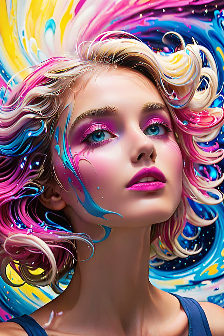 In a surreal dreamscape, a girl's side profile emerges from swirling vortex of colors: electric blue, hot pink, sunshine yellow, and creamy white. Her features - eyes, nose, lips - stand out amidst the fluid, abstract patterns that seem to melt into her skin. The vibrant hues dance around her face like wispy clouds, imbuing the scene with an otherworldly essence.,Cartoon,cartoon,SDXL