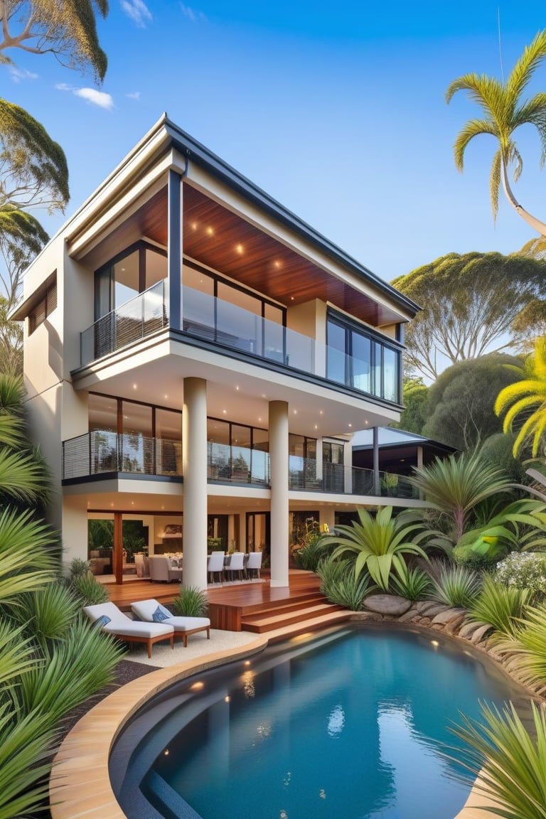 A luxury Australia-style villa surrounded by beautiful gardens