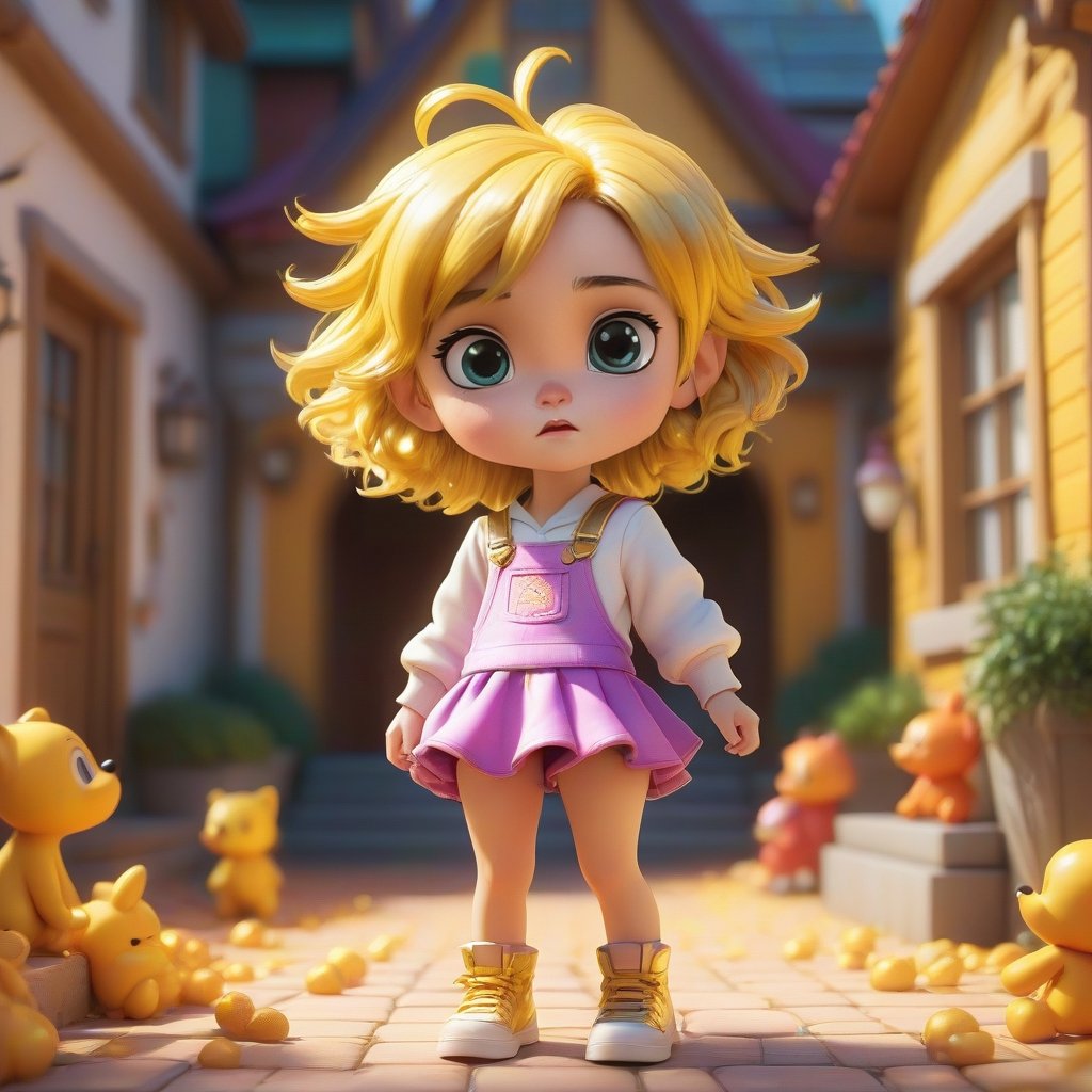 4d photographic image of full body image of a cute little chibi girl, surreal, gold hair, vivid colours octane render trending on artstation, artistic photography, photorealistic concept art, soft natural volumetric cinematic perfect light, UHD white background, Dream House, Disney style, Disney Pixar style,score_9, modern Disney, SDXL,Cartoon