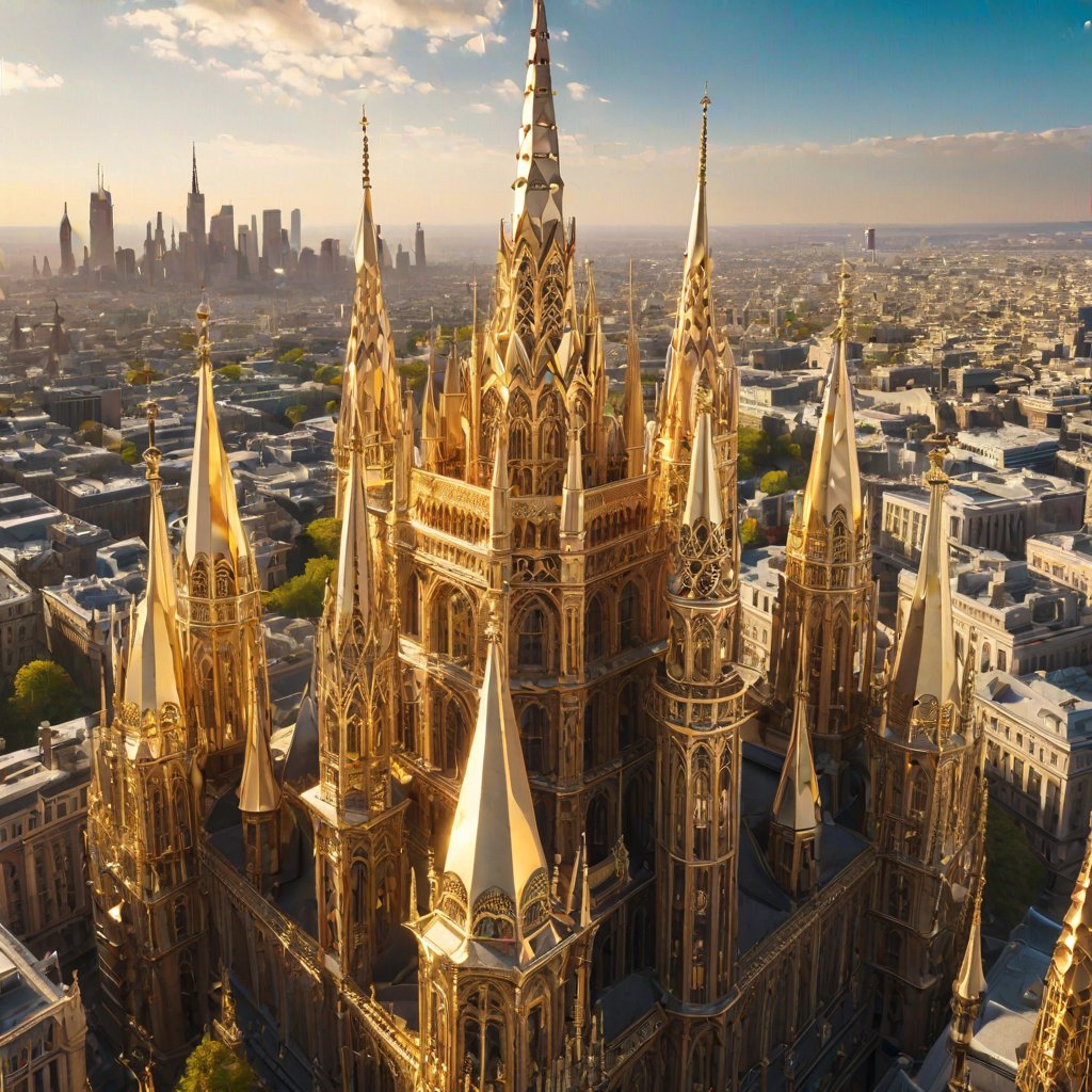 Drone descends upon a mesmerizing metropolis, showcasing gleaming spires and grand structures encased in delicate gold filigree. The city's intricate architecture is bathed in warm sunlight, casting no shadows as if suspended in mid-air. In crystal-clear 64K UHD, every detail of this urban masterpiece shines precisely.