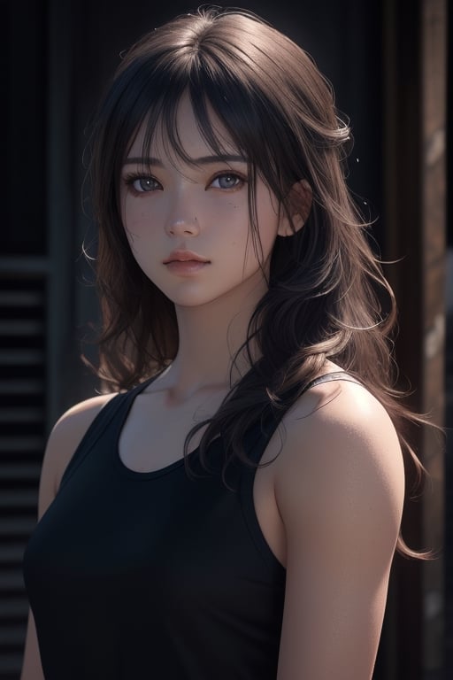 masterpiece,best quality,ultra-detailed,ultra high res,(photorealistic:1.4),raw photo,8k HDR,realistic lighting,1girl,solo,black long hair,(detailed oily skin),black eyes,(detailed face),(cyble background :1.2),(upper body:1.6),black tanktop,