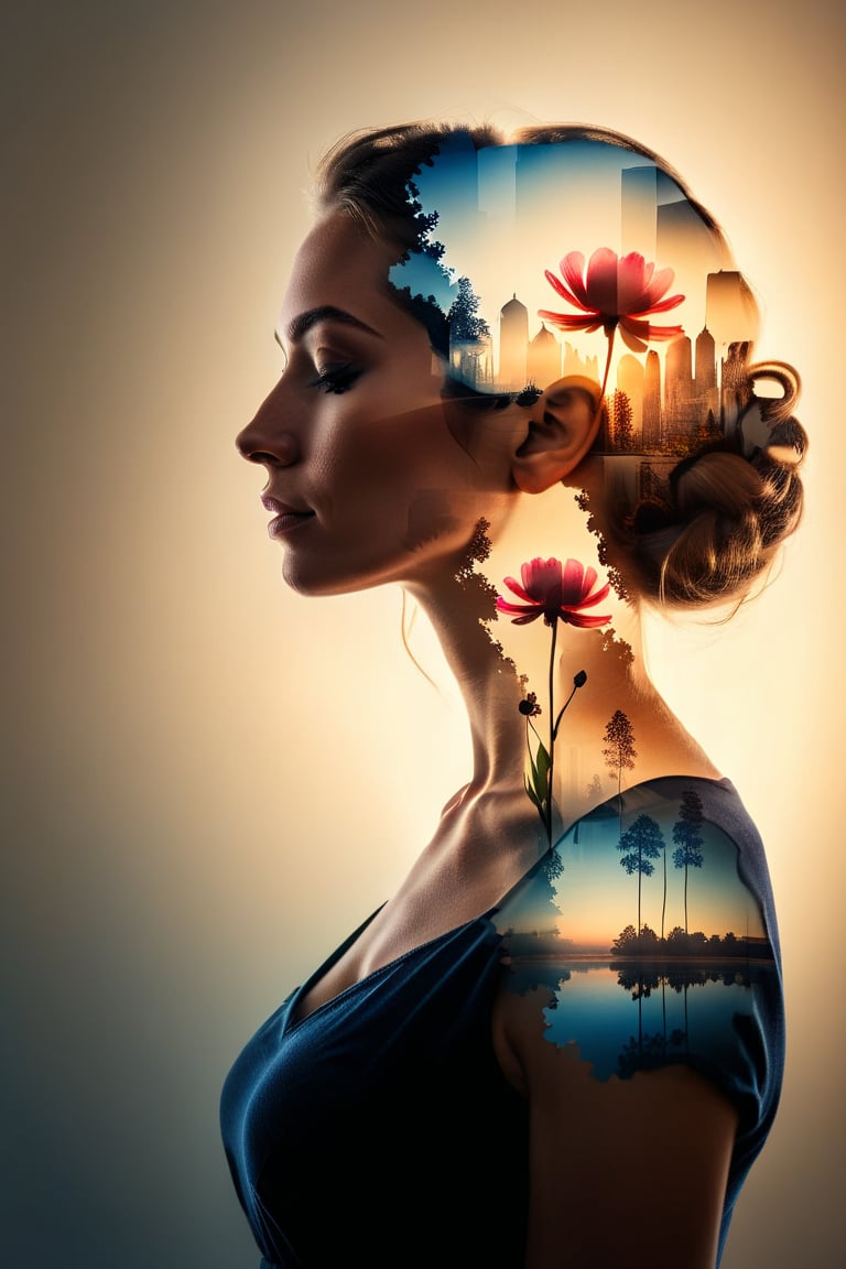 silhouette of a woman in profile. Inside the silhouette you can see the double exposure with a flower, masterpiece, ((double exposure)), proportional.,DOUBLE EXPOSURE,SDXL,1girl