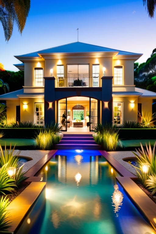 A luxury Australia-style villa surrounded by beautiful gardens