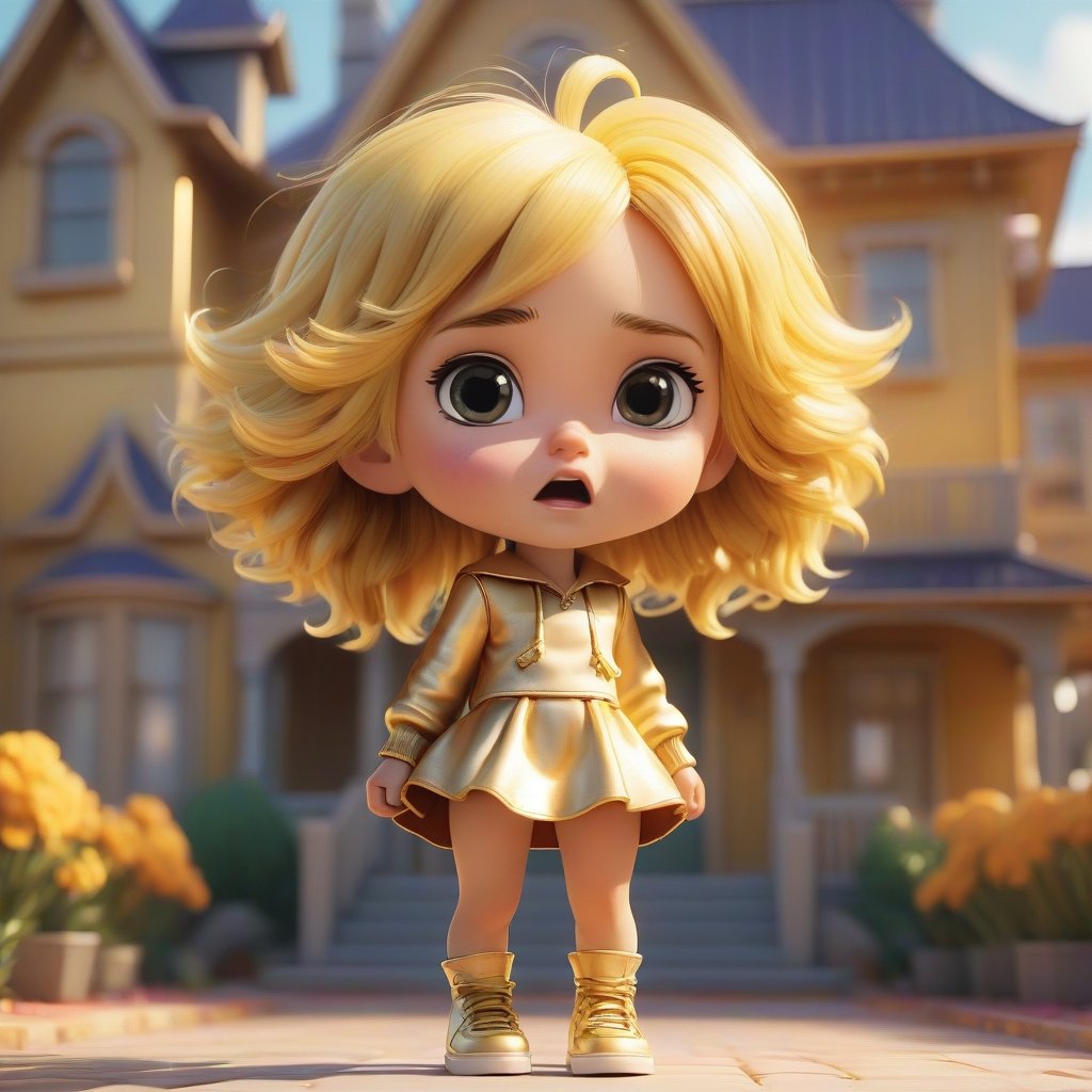 4d photographic image of full body image of a cute little chibi girl, surreal, gold hair, vivid colours octane render trending on artstation, artistic photography, photorealistic concept art, soft natural volumetric cinematic perfect light, UHD white background, Dream House, Disney style, Disney Pixar style,score_9, modern Disney, SDXL,Cartoon