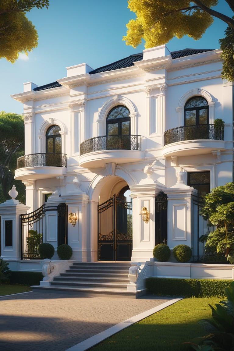 RAW photo, masterpiece, arafed house , neo - classical style, rendered in lumion pro, classicism style, classicism artstyle, lumion render, rendered in lumion, architectural visualization, neoclassical style, in style of classicism, white light sun, rendered in vray, rendered in v-ray, rendered in unreal engine 3d, (photorealistic:1.2), best quality, ultra high res, exterior, architechture,modern house,(white wall:1.5), (detail gate black:1.4), (photorealistic:1.5), best quality, ultra high res, exterior,architechture,neoclassic house,(white wall:1.2), (detailed reliefs:1.2), (The front 1st floor has 4 windows), (the right side 1st floor has 4 windows), (the main side has three-step stairs), (the right side has three-step stairs) ,glass windows,,trees,traffic road, blue sky,in the style of realistic hyper-detailed rendering, luxury neoclassical villa, in the style of neoclassical scene, glass windows, (white navy roof:1.2), best quality, (straight strokedetail:1.1) roof top, (Intricate lines:1.5), ((Photorealism:1.5)),(((hyper detail:1.5))), archdaily, award winning design, (dynamic light:1.3), (night light:1.2), (perfect light:1.3), (shimering light :1.4), refection glass windows, (curved line architecture arch:1.2), trees, beautiful sky, photorealistic, FKAA, TXAA, RTX, SSAO, Post Processing, Post-Production, CGI, VFX, SFX, Full color,((Unreal Engine 5)), Canon EOS R5 Camera + Lens RF 45MP full-frame CMOS sensor, HDR, Realistic,8k,((Unreal Engine 5)), Cinematic intricate detail, extreme detail, science, hyper-detail, FKAA, super detail, super realistic, crazy detail, intricate detail, nice color grading, reflected light on glass, eye-catching wall lights, unreal engine 5, octane render, cinematic, trending on artstation, High-fidelity, Viwvid, Crisp, Sharp, Bright, Stunning, ((Lifelike)), Natural, ((Eye-catching)), Illuminating, Flawless, High-quality,Sharp edge rendering, medium soft lighting, photographic render, detailed archviz,SDXL,House