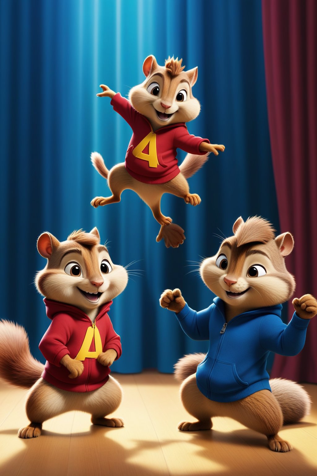 A whimsical cel-shaded animation brings Alvin and Simon from The Chipmunks to life in a lively musical performance. The camera pans across the colorful scene, framing the brothers' energetic dance moves amidst bright blue curtains, with Squirrel grasping a microphone and harmonizing with his friends as their bushy tails swish to the upbeat rhythm.