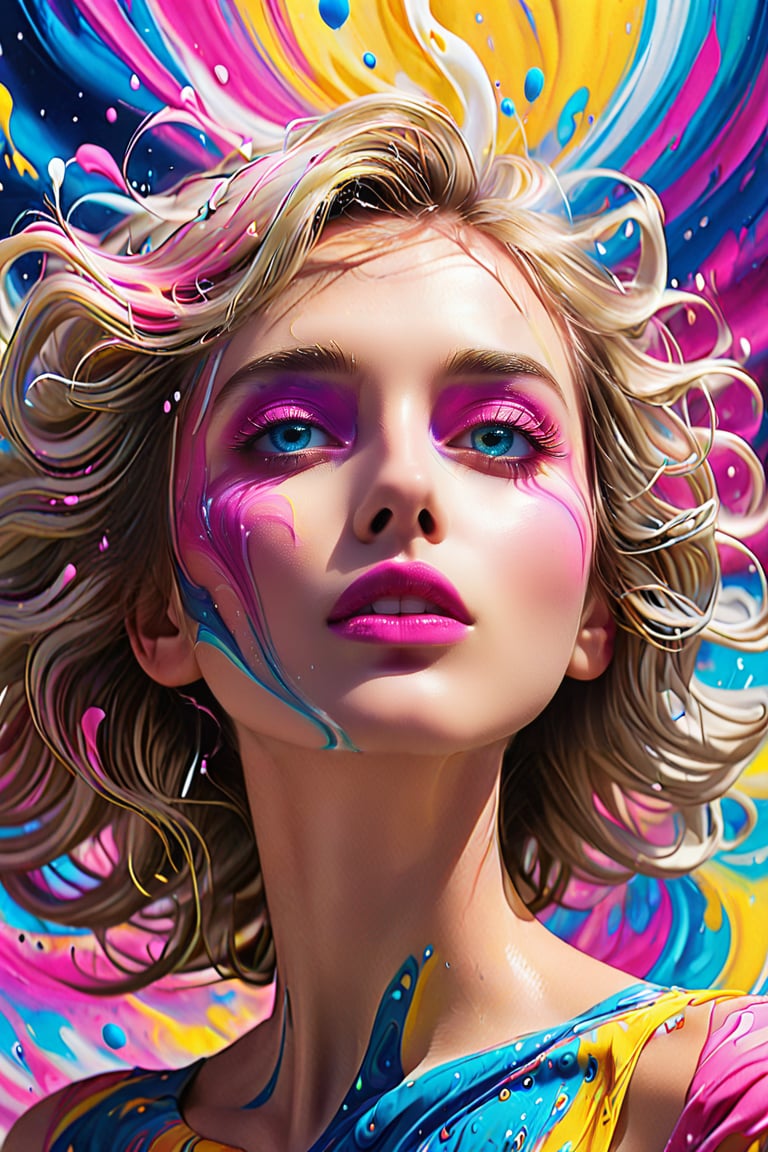 In a surreal dreamscape, a girl's side profile emerges from swirling vortex of colors: electric blue, hot pink, sunshine yellow, and creamy white. Her features - eyes, nose, lips - stand out amidst the fluid, abstract patterns that seem to melt into her skin. The vibrant hues dance around her face like wispy clouds, imbuing the scene with an otherworldly essence.,Cartoon,cartoon,SDXL