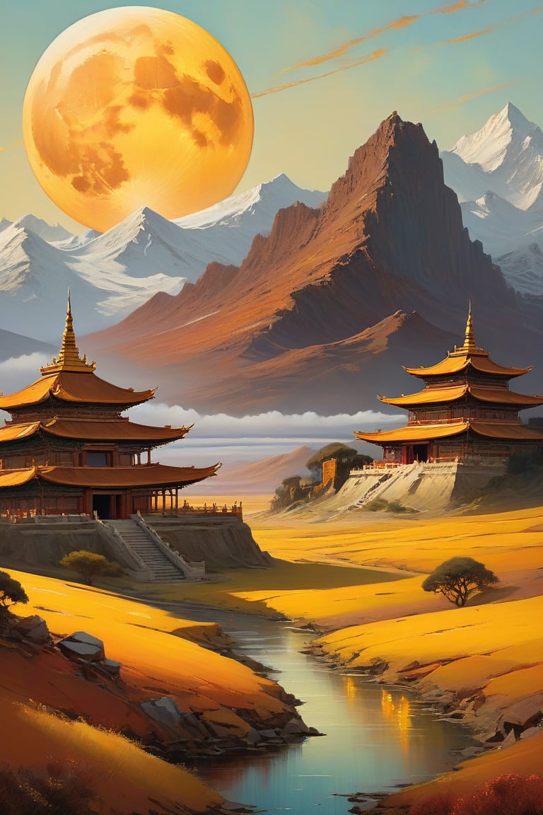 "A surreal, futuristic landscape at dusk with a massive, luminous golden moon dominating the sky, casting a warm glow over everything. The moon should be sharp, detailed, and prominent in the foreground. The background should transition into an abstract, painterly environment featuring indistinct forms and shapes suggesting a Tibetan monastery, rendered in a loose, impressionistic style to emphasize mood and atmosphere over detailed realism. The atmosphere should be hazy and diffuse, with the haze or fog being whiter, creating an ethereal and somewhat dystopian feel. Use balanced colors primarily from a palette of grays, blues, and greens to create depth and atmosphere, while incorporating rust-orange, rust-red, rust-brown, rust-yellow, rust-gold, rust-gray, rust-beige, rust-copper, rust-tan, burnt sienna, raw umber, burnt umber, and yellow ochre for accents. These earthy tones should depict worn, weathered, and aged appearances. Incorporate small, distinct accents of rusty orange-yellows and rusty teals to highlight specific areas and enhance visual interest. Ensure the painting blends impressionism and abstraction seamlessly, creating a rich, immersive setting. Utilize Unreal Engine, Octane Render, Hyper Realistic, Cinematic, Epic, and Matte Painting techniques to achieve a high-quality, detailed, and visually striking result."