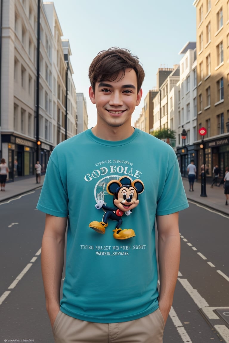 disney style, good boy, sole_male, fit body, smiling, cute, aesthetic clothes, disney pixar style, casual clothes,  city street, London, aesthetic background, masterpiece, master, amazing, rich texture, ample light, blue sky, boy, 1guy, male,chibi,more detail XL,1girl