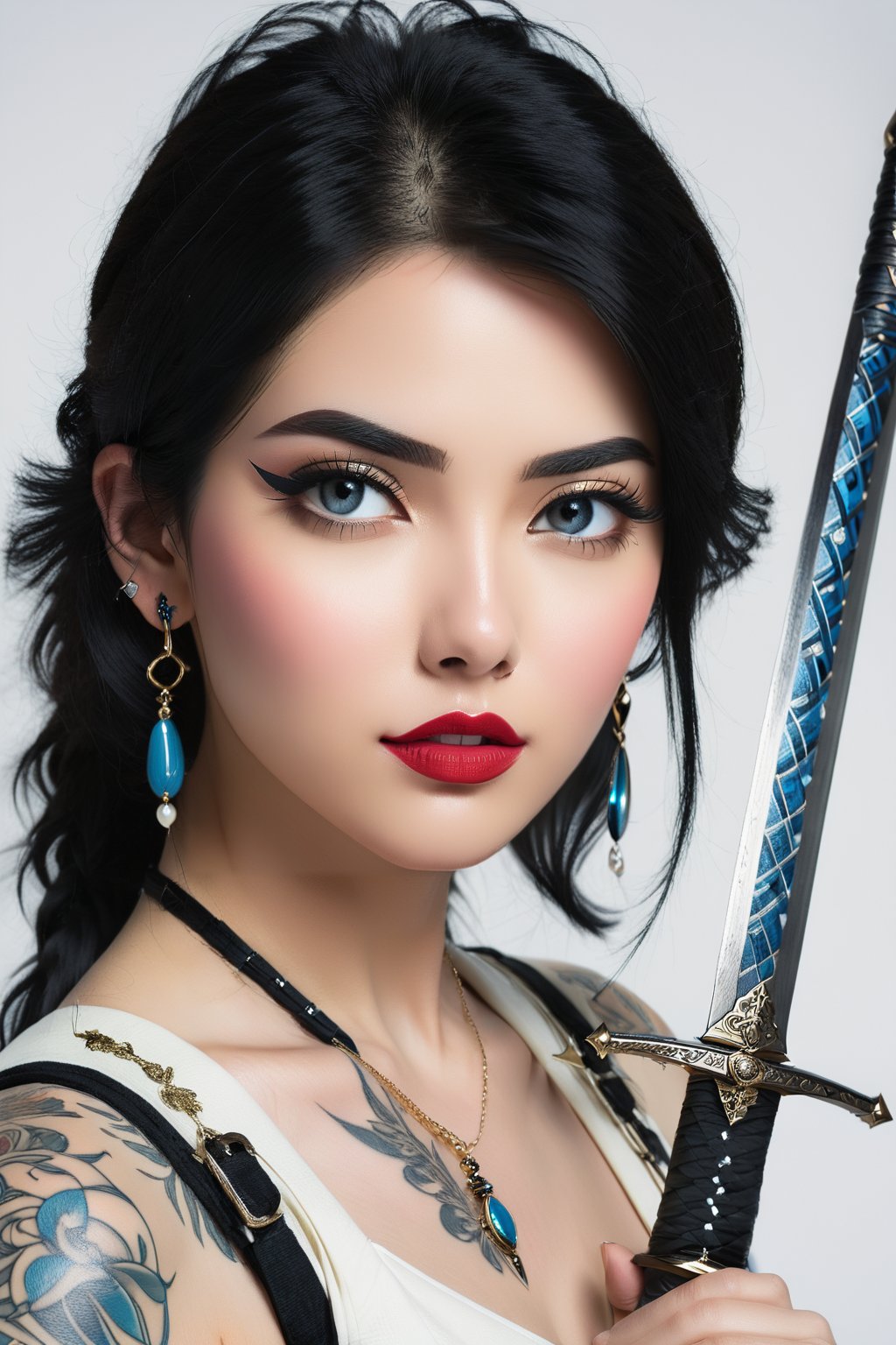 1girl, solo, blue eyes, simple background, black hair, white background, jewelry, weapon, earrings, sword, tattoo, makeup, bandages, piercing, katana, sheath, ear piercing, sheathed