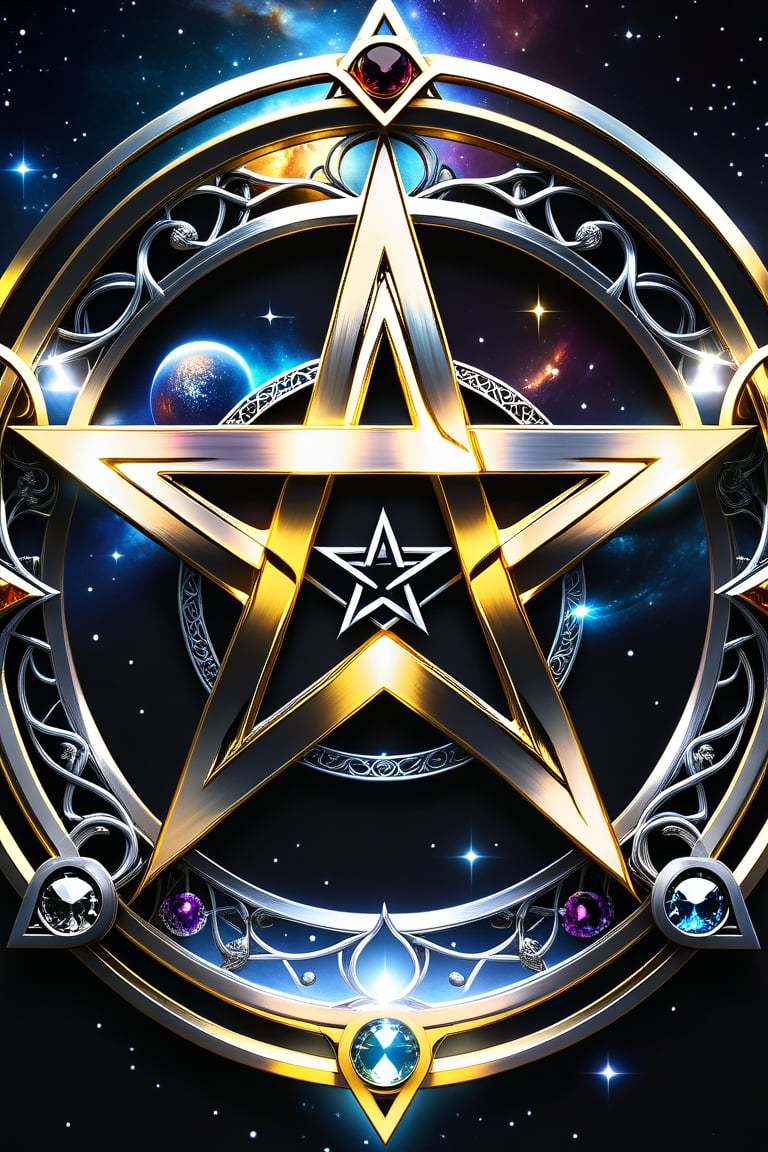 (pentagram,magic_circle),(complex illuminator structure:1.5),space background,Black and white entanglement, crystal and silver entanglement Negative prompt: EasyNegative, badh,(golden tones:1.3),SDXL