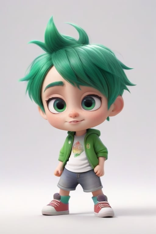 4d photographic image of full body image of a cute little chibi boy, surreal, green hair, vivid colours octane render trending on artstation, artistic photography, photorealistic concept art, soft natural volumetric cinematic perfect light, UHD white background, Dream House, Disney style, Disney Pixar style,score_9, modern Disney