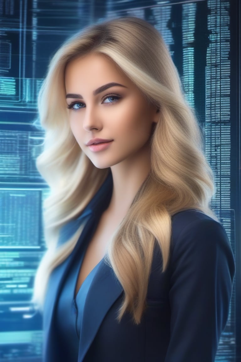 Working Women beautiful young lady 22 age standing talk perfect face eyes hair blonde mouth programmer hacker doctor ceo engineering dress zoom in all body best quality 16k in Big Cyber rooms Data Ai core in CPU, Data Annotation