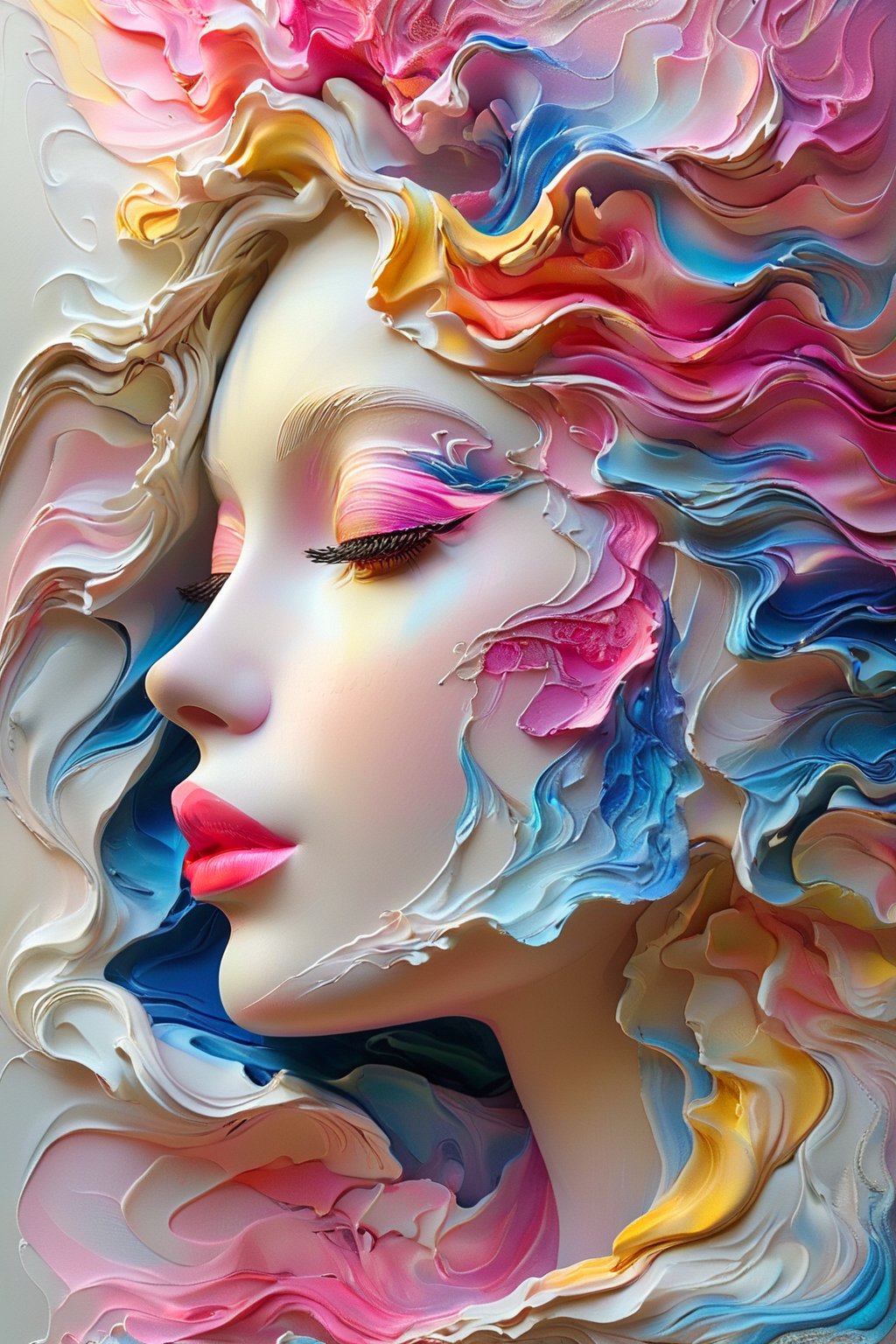 A side profile of a human face, intricately intertwined with flowing, abstract patterns in vibrant hues of blue, pink, yellow, and white. The face appears to be melting or morphing into the surrounding colors, creating an ethereal and dreamlike effect. The details of the face, such as the eyes, nose, and lips, are clearly visible, contrasting with the fluidity of the surrounding elements.,SDXL,SDXLTurbo