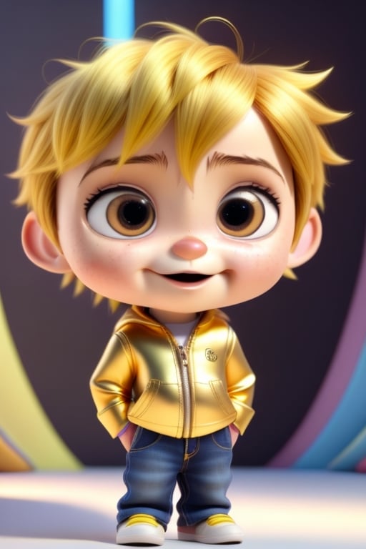 4D photographic image of full body image of a cute little chibi boy, surreal, gold hair, vivid colours octane renders trending on artstation, artistic photography, photorealistic concept art, soft natural volumetric cinematic perfect light, UHD white background,, Disney style, Disney Pixar style,score_9, modern Disney, blue clothes, preparatory,disney pixar style.