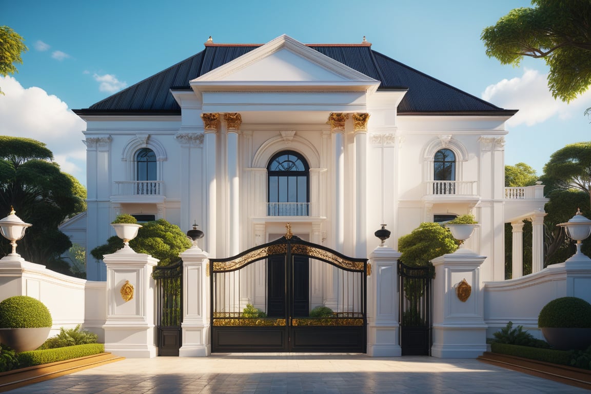 RAW photo, masterpiece, arafed house , neo - classical style, rendered in lumion pro, classicism style, classicism artstyle, lumion render, rendered in lumion, architectural visualization, neoclassical style, in style of classicism, white light sun, rendered in vray, rendered in v-ray, rendered in unreal engine 3d, (photorealistic:1.2), best quality, ultra high res, exterior, architechture,modern house,(white wall:1.5), (detail gate black:1.4), (photorealistic:1.5), best quality, ultra high res, exterior,architechture,neoclassic house,(white wall:1.2), (detailed reliefs:1.2), (The front 1st floor has 4 windows), (the right side 1st floor has 4 windows), (the main side has three-step stairs), (the right side has three-step stairs) ,glass windows,,trees,traffic road, blue sky,in the style of realistic hyper-detailed rendering, luxury neoclassical villa, in the style of neoclassical scene, glass windows, (white navy roof:1.2), best quality, (straight strokedetail:1.1) roof top, (Intricate lines:1.5), ((Photorealism:1.5)),(((hyper detail:1.5))), archdaily, award winning design, (dynamic light:1.3), (night light:1.2), (perfect light:1.3), (shimering light :1.4), refection glass windows, (curved line architecture arch:1.2), trees, beautiful sky, photorealistic, FKAA, TXAA, RTX, SSAO, Post Processing, Post-Production, CGI, VFX, SFX, Full color,((Unreal Engine 5)), Canon EOS R5 Camera + Lens RF 45MP full-frame CMOS sensor, HDR, Realistic,8k,((Unreal Engine 5)), Cinematic intricate detail, extreme detail, science, hyper-detail, FKAA, super detail, super realistic, crazy detail, intricate detail, nice color grading, reflected light on glass, eye-catching wall lights, unreal engine 5, octane render, cinematic, trending on artstation, High-fidelity, Viwvid, Crisp, Sharp, Bright, Stunning, ((Lifelike)), Natural, ((Eye-catching)), Illuminating, Flawless, High-quality,Sharp edge rendering, medium soft lighting, photographic render, detailed archviz,SDXL,House