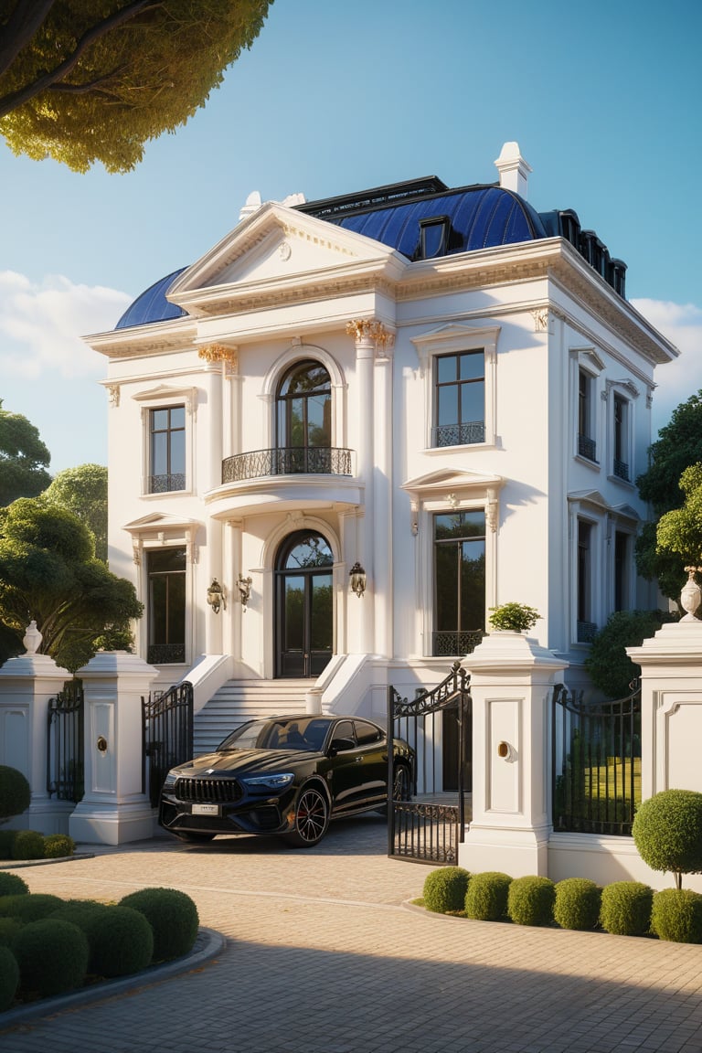 RAW photo, masterpiece, arafed house with a car parked in front of it, neo - classical style, rendered in lumion pro, classicism style, classicism artstyle, lumion render, rendered in lumion, architectural visualization, neoclassical style, in style of classicism, white light sun, rendered in vray, rendered in v-ray, rendered in unreal engine 3d, (photorealistic:1.2), best quality, ultra high res, exterior, architechture,modern house,(white wall:1.5), (detail gate black:1.4), (photorealistic:1.5), best quality, ultra high res, exterior,architechture,neoclassic house,(white wall:1.2), (detailed reliefs:1.2), (The front 1st floor has 4 windows), (the right side 1st floor has 4 windows), (the main side has three-step stairs), (the right side has three-step stairs) ,glass windows,,trees,traffic road, blue sky,in the style of realistic hyper-detailed rendering, luxury neoclassical villa, in the style of neoclassical scene, glass windows, (white navy roof:1.2), best quality, (straight strokedetail:1.1) roof top, (Intricate lines:1.5), ((Photorealism:1.5)),(((hyper detail:1.5))), archdaily, award winning design, (dynamic light:1.3), (night light:1.2), (perfect light:1.3), (shimering light :1.4), refection glass windows, (curved line architecture arch:1.2), trees, beautiful sky, photorealistic, FKAA, TXAA, RTX, SSAO, Post Processing, Post-Production, CGI, VFX, SFX, Full color,((Unreal Engine 5)), Canon EOS R5 Camera + Lens RF 45MP full-frame CMOS sensor, HDR, Realistic,8k,((Unreal Engine 5)), Cinematic intricate detail, extreme detail, science, hyper-detail, FKAA, super detail, super realistic, crazy detail, intricate detail, nice color grading, reflected light on glass, eye-catching wall lights, unreal engine 5, octane render, cinematic, trending on artstation, High-fidelity, Viwvid, Crisp, Sharp, Bright, Stunning, ((Lifelike)), Natural, ((Eye-catching)), Illuminating, Flawless, High-quality,Sharp edge rendering, medium soft lighting, photographic render, detailed archviz,SDXL,House