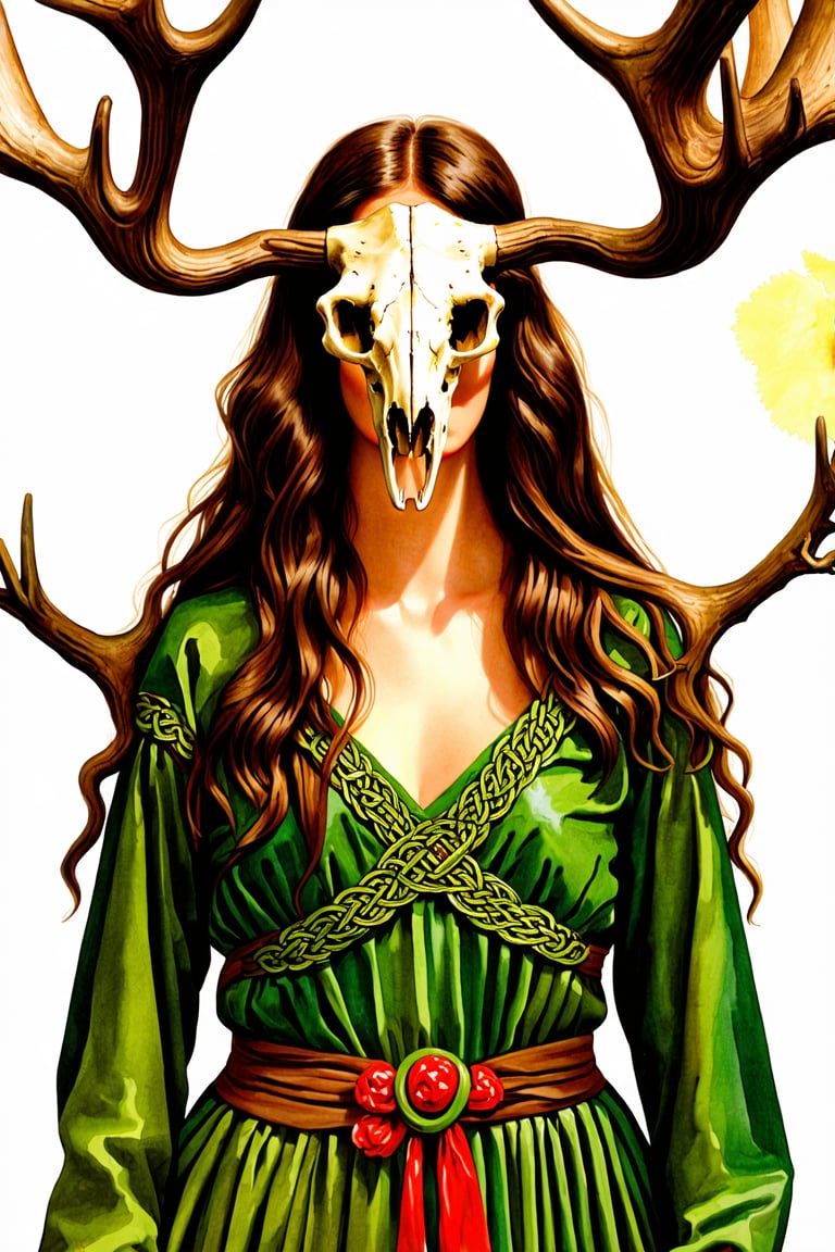 A shaman girl, with a large moose skull on her face, The strange decoration of dead branches, the mysterious and brightly colored Celtic shaman costume, and the girl is surrounded by a mysterious aura.,extremely detailed,watercolor \(medium\)