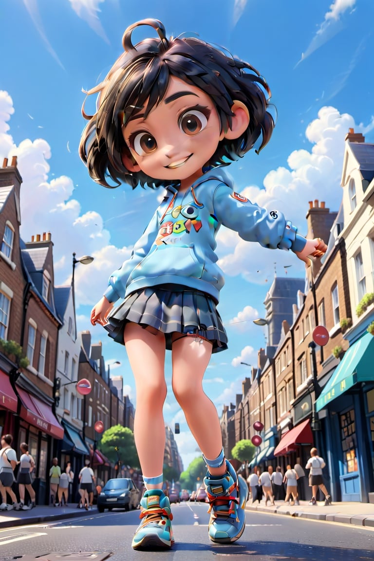 disney style, a boy, sole_male, fit body, smiling, cute, aesthetic clothes, disney pixar style, casual clothes,  city street, London, aesthetic background, masterpiece, master, amazing, rich texture, ample light, blue sky, boy, 1guy, male,chibi,more detail XL