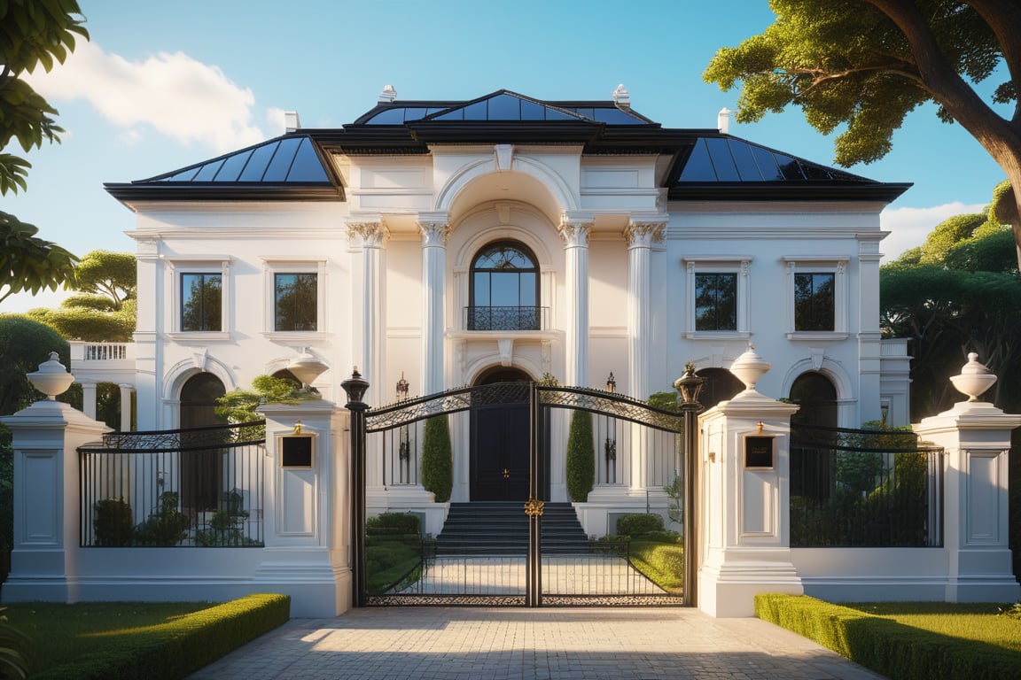 RAW photo, masterpiece, arafed house , neo - classical style, rendered in lumion pro, classicism style, classicism artstyle, lumion render, rendered in lumion, architectural visualization, neoclassical style, in style of classicism, white light sun, rendered in vray, rendered in v-ray, rendered in unreal engine 3d, (photorealistic:1.2), best quality, ultra high res, exterior, architechture,modern house,(white wall:1.5), (detail gate black:1.4), (photorealistic:1.5), best quality, ultra high res, exterior,architechture,neoclassic house,(white wall:1.2), (detailed reliefs:1.2), (The front 1st floor has 4 windows), (the right side 1st floor has 4 windows), (the main side has three-step stairs), (the right side has three-step stairs) ,glass windows,,trees,traffic road, blue sky,in the style of realistic hyper-detailed rendering, luxury neoclassical villa, in the style of neoclassical scene, glass windows, (white navy roof:1.2), best quality, (straight strokedetail:1.1) roof top, (Intricate lines:1.5), ((Photorealism:1.5)),(((hyper detail:1.5))), archdaily, award winning design, (dynamic light:1.3), (night light:1.2), (perfect light:1.3), (shimering light :1.4), refection glass windows, (curved line architecture arch:1.2), trees, beautiful sky, photorealistic, FKAA, TXAA, RTX, SSAO, Post Processing, Post-Production, CGI, VFX, SFX, Full color,((Unreal Engine 5)), Canon EOS R5 Camera + Lens RF 45MP full-frame CMOS sensor, HDR, Realistic,8k,((Unreal Engine 5)), Cinematic intricate detail, extreme detail, science, hyper-detail, FKAA, super detail, super realistic, crazy detail, intricate detail, nice color grading, reflected light on glass, eye-catching wall lights, unreal engine 5, octane render, cinematic, trending on artstation, High-fidelity, Viwvid, Crisp, Sharp, Bright, Stunning, ((Lifelike)), Natural, ((Eye-catching)), Illuminating, Flawless, High-quality,Sharp edge rendering, medium soft lighting, photographic render, detailed archviz,SDXL,House