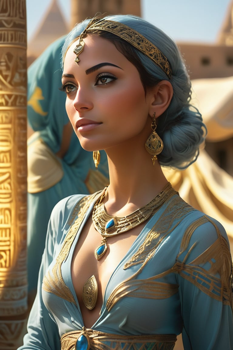 A medium shot captures the captivating essence of an Egyptian woman, her traditional attire shimmering in warm, golden light. The camera's unique angle highlights her intricate tattoo, expertly woven with Egyptian motifs that flow from her neck to face. Her soft features and elaborate details are amplified, rendering a portrait that is both fascinating and culturally rich.,1girl silver hair blue dress
