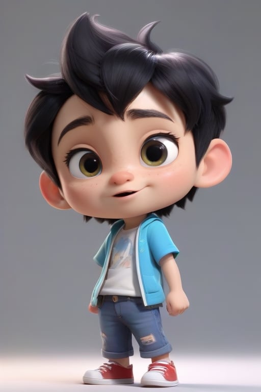 4d photographic image of full body image of a cute little chibi boy surreal, black hair, vivid colors octane render trending on artstation, artistic photography, photorealistic concept art, soft natural volumetric cinematic perfect light, uhd white background,Dream House, Disney style,disney pixar style,score_9,modisn disney