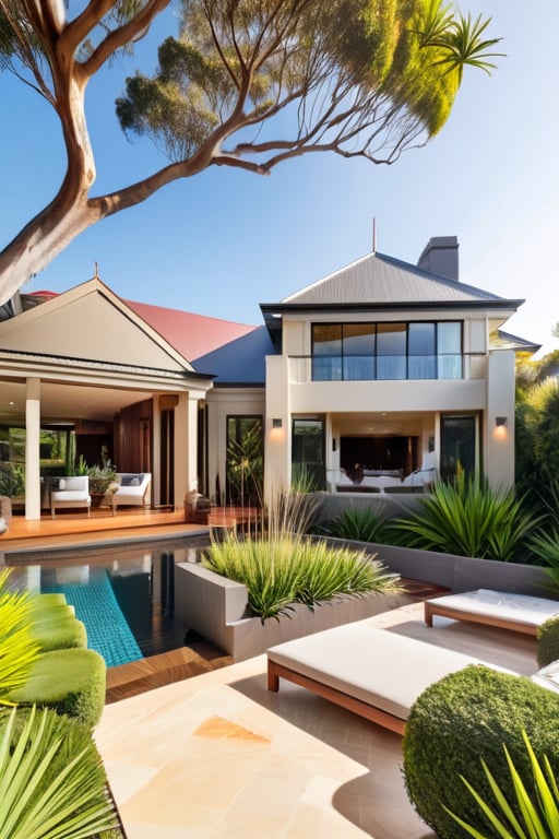 A luxury Australia-style villa surrounded by beautiful gardens