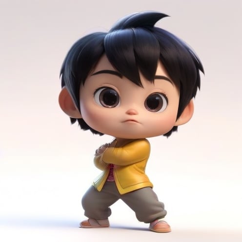 4d photographic image of full body image of a cute little chibi boy, surreal, black hair, vivid colours octane render trending on artstation, artistic photography, photorealistic concept art, soft natural volumetric cinematic perfect light, UHD white background, Dream House, Disney style, Disney Pixar style,score_9, modern Disney, Chinese Tai Chi quan, gold clothes