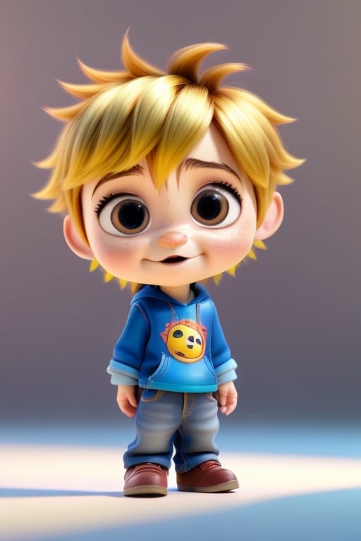 4D photographic image of full body image of a cute little chibi boy, surreal, gold hair, blue octane renders trending on artstation, artistic photography, photorealistic concept art, soft natural volumetric cinematic perfect light, UHD white background,, Disney style, Disney Pixar style,score_9, modern Disney, blue clothes, preparatory,disney pixar style.