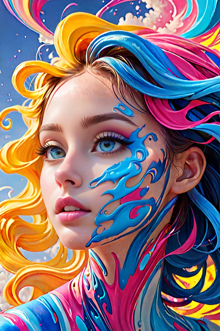 In a surreal dreamscape, a girl's side profile emerges from swirling vortex of colors: electric blue, hot pink, sunshine yellow, and creamy white. Her features - eyes, nose, lips - stand out amidst the fluid, abstract patterns that seem to melt into her skin. The vibrant hues dance around her face like wispy clouds, imbuing the scene with an otherworldly essence.,Cartoon,cartoon