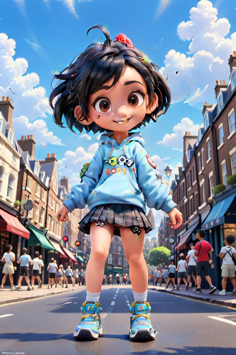 disney style, good boy, sole_male, fit body, smiling, cute, aesthetic clothes, disney pixar style, casual clothes,  city street, London, aesthetic background, masterpiece, master, amazing, rich texture, ample light, blue sky, boy, 1guy, male,chibi,more detail XL