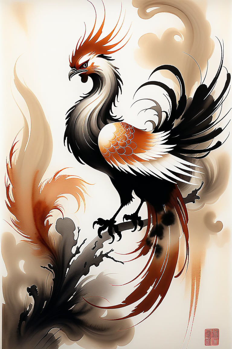 A Sumi-e style ink painting, bold, dramatic brushstrokes of one chinese phoenix. Providential discovery or creation. Petite alabaster specter. Unexpected minuscule, rust-ivory detail. Providential intricate details and meticulous craftsmanship, providential pioneering techniques or elements, providential high technical acumen, such as verisimilar rendering or elaborate compositions. Harmonious and balanced composition, skillful use of color and illumination to enhance the emotional and visual impact, creating a sense of depth. Providential singular perspectives and viewpoints, intricacy, contrast, and symmetry. Providential formidable aesthetic structure, verisimilitude, and visual impact imparts a lasting impression. Scene featuring a providential discovery or creation. style, ink







