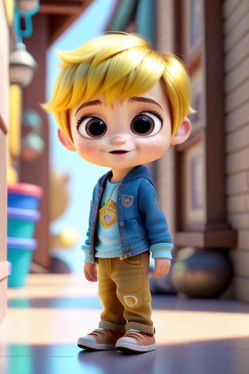 4D photographic image of full body image of a cute little chibi boy, surreal, gold hair, vivid colours octane renders trending on artstation, artistic photography, photorealistic concept art, soft natural volumetric cinematic perfect light, UHD white background,, Disney style, Disney Pixar style,score_9, modern Disney, blue clothes, preparatory,disney pixar style.