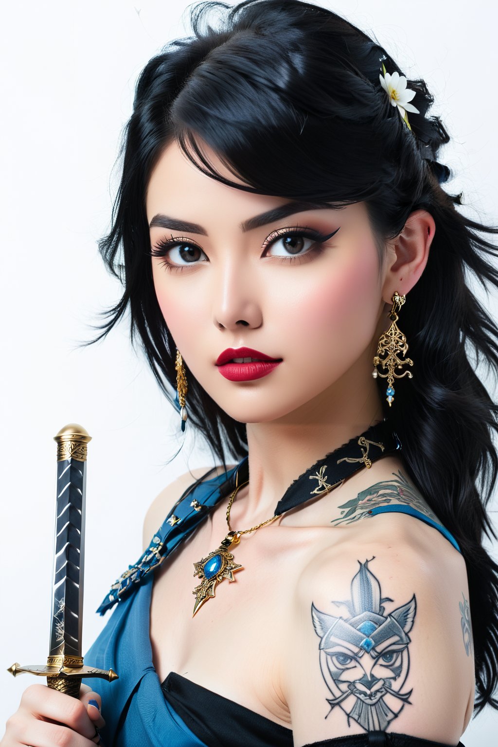 1girl, solo, blue eyes, simple background, black hair, white background, jewelry, weapon, earrings, sword, tattoo, makeup, bandages, piercing, katana, sheath, ear piercing, sheathed