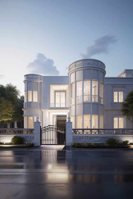 RAW photo, masterpiece, arafed house with a car parked in front of it, neo - classical style, rendered in lumion pro, classicism style, classicism artstyle, lumion render, rendered in lumion, architectural visualization, neoclassical style, in style of classicism, white light sun, rendered in vray, rendered in v-ray, rendered in unreal engine 3d, (photorealistic:1.2), best quality, ultra high res, exterior, architechture,modern house,(white wall:1.5), (detail gate black:1.4), (photorealistic:1.5), best quality, ultra high res, exterior,architechture,neoclassic house,(white wall:1.2), (detailed reliefs:1.2), (The front 1st floor has 4 windows), (the right side 1st floor has 4 windows), (the main side has three-step stairs), (the right side has three-step stairs) ,glass windows,,trees,traffic road, blue sky,in the style of realistic hyper-detailed rendering, luxury neoclassical villa, in the style of neoclassical scene, glass windows, (white navy roof:1.2), best quality, (straight strokedetail:1.1) roof top, (Intricate lines:1.5), ((Photorealism:1.5)),(((hyper detail:1.5))), archdaily, award winning design, (dynamic light:1.3), (night light:1.2), (perfect light:1.3), (shimering light :1.4), refection glass windows, (curved line architecture arch:1.2), trees, beautiful sky, photorealistic, FKAA, TXAA, RTX, SSAO, Post Processing, Post-Production, CGI, VFX, SFX, Full color,((Unreal Engine 5)), Canon EOS R5 Camera + Lens RF 45MP full-frame CMOS sensor, HDR, Realistic,8k,((Unreal Engine 5)), Cinematic intricate detail, extreme detail, science, hyper-detail, FKAA, super detail, super realistic, crazy detail, intricate detail, nice color grading, reflected light on glass, eye-catching wall lights, unreal engine 5, octane render, cinematic, trending on artstation, High-fidelity, Viwvid, Crisp, Sharp, Bright, Stunning, ((Lifelike)), Natural, ((Eye-catching)), Illuminating, Flawless, High-quality,Sharp edge rendering, medium soft lighting, photographic render, detailed archviz