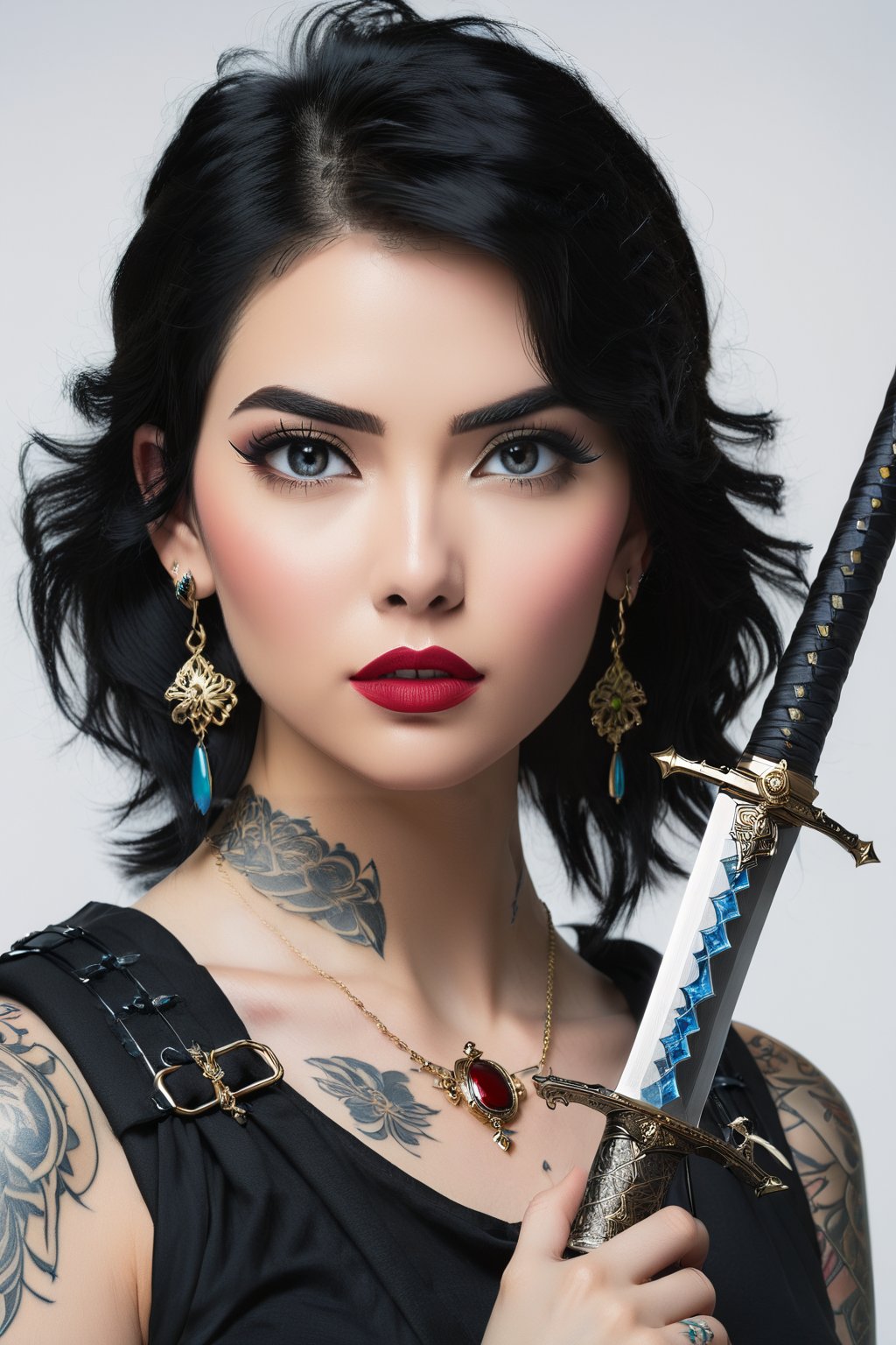 1girl, solo, blue eyes, simple background, black hair, white background, jewelry, weapon, earrings, sword, tattoo, makeup, bandages, piercing, katana, sheath, ear piercing, sheathed