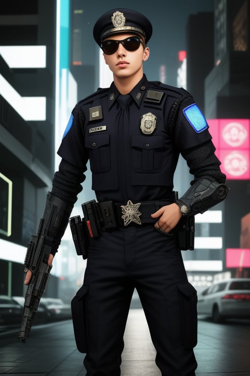 score_9,score_8_up,score_7_up,realistic photo,photorealistic,hyperrealistic,intricate details,1boy,25 years old,policeman,cyber sunglasses,dressed in cyber armor with a holographic outline,an intricate device in his hand,a laser pistol on his belt,cityscape,neon lights,cyberpunk,2077_Style,LoRA