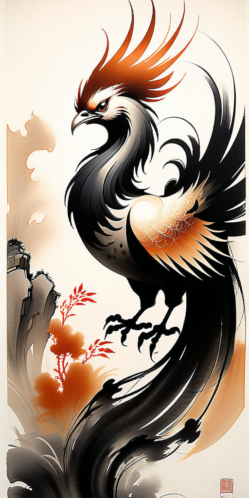 A Sumi-e style ink painting, bold, dramatic brushstrokes of one chinese phoenix. Providential discovery or creation. Petite alabaster specter. Unexpected minuscule, rust-ivory detail. Providential intricate details and meticulous craftsmanship, providential pioneering techniques or elements, providential high technical acumen, such as verisimilar rendering or elaborate compositions. Harmonious and balanced composition, skillful use of color and illumination to enhance the emotional and visual impact, creating a sense of depth. Providential singular perspectives and viewpoints, intricacy, contrast, and symmetry. Providential formidable aesthetic structure, verisimilitude, and visual impact imparts a lasting impression. Scene featuring a providential discovery or creation. style, ink







