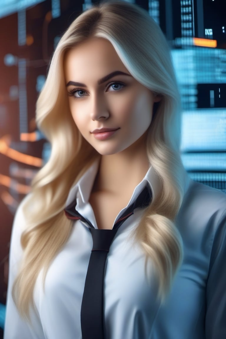 Working Women beautiful young lady 22 age standing talk perfect face eyes hair blonde mouth programmer hacker doctor ceo engineering dress zoom in all body best quality 16k in Big Cyber rooms Data Ai core in CPU, Data Annotation