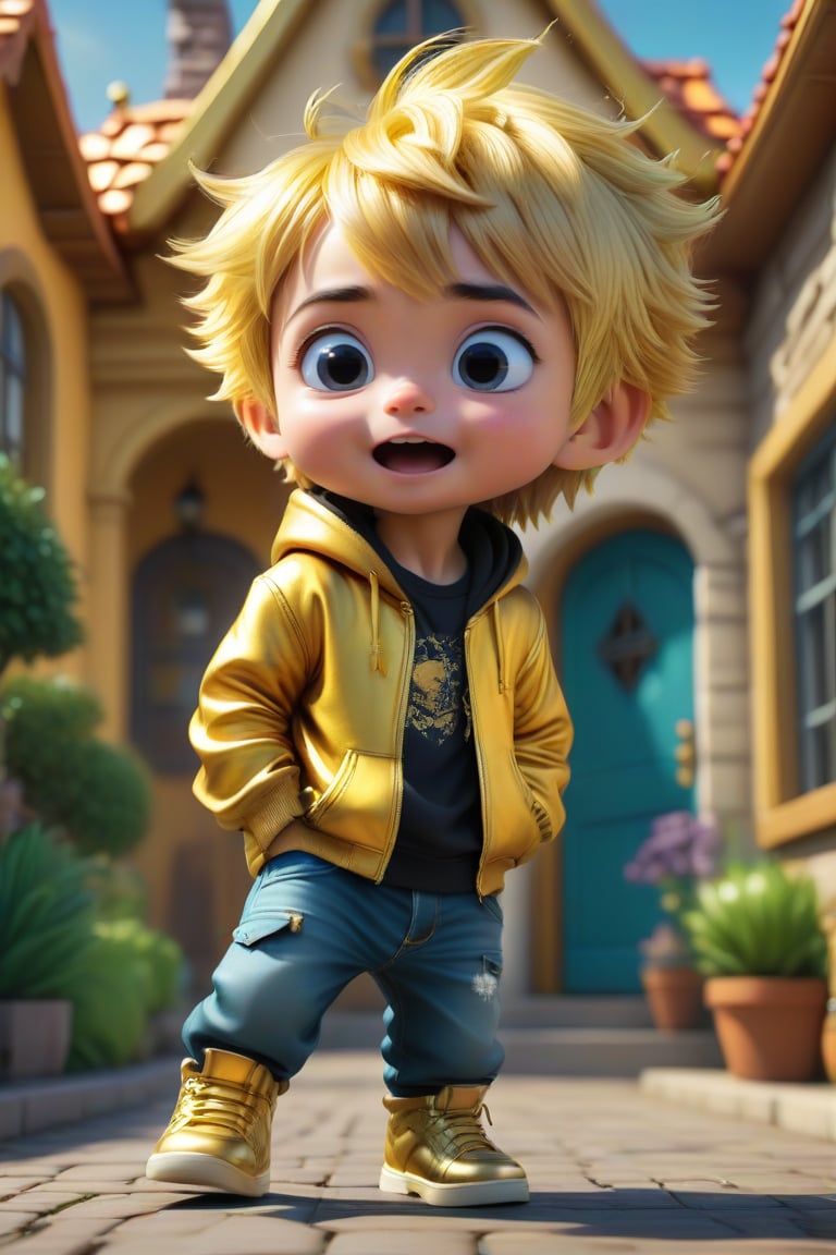 4d photographic image of full body image of a cute little chibi boy, surreal, gold hair, vivid colours octane render trending on artstation, artistic photography, photorealistic concept art, soft natural volumetric cinematic perfect light, UHD white background, Dream House, Disney style, Disney Pixar style,score_9, modern Disney, SDXL,Cartoon,photo r3al,better photography,Beauty