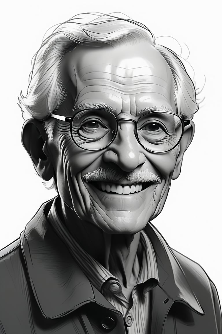 ((masterpiece)), best quality, perfect anatomy,8K wallpaper, Sketches, old people,XCYP,Sketch portrait, old man, charcoal sketch, pencil sketch, sketch sketch, sketch sketch, line, minimalist, thick line,portrait, solo, 1boy, smile, glasses, short hair,