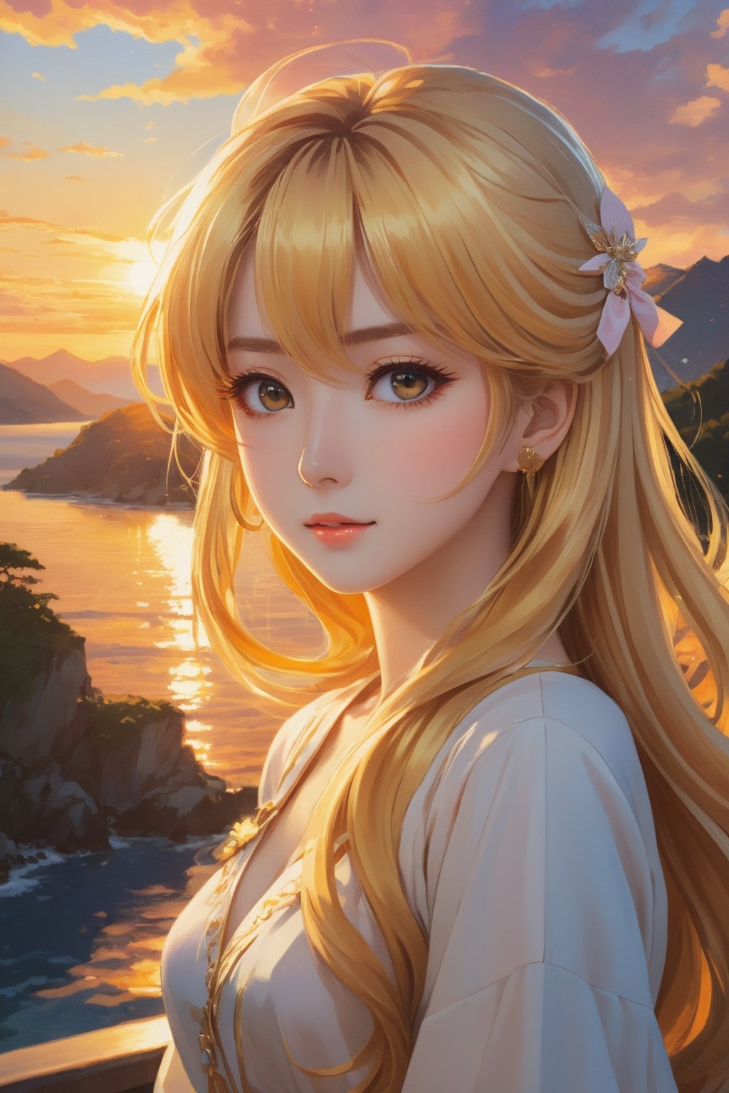 an anime-inspired artwork portraying an elegant lady with cascading golden hair, framed by the romantic glow of a sunset, capturing the essence of anime aesthetics with expressive eyes and stylized features. Keywords: anime, manga, kawaii, sunset scene, expressive, more detail XL