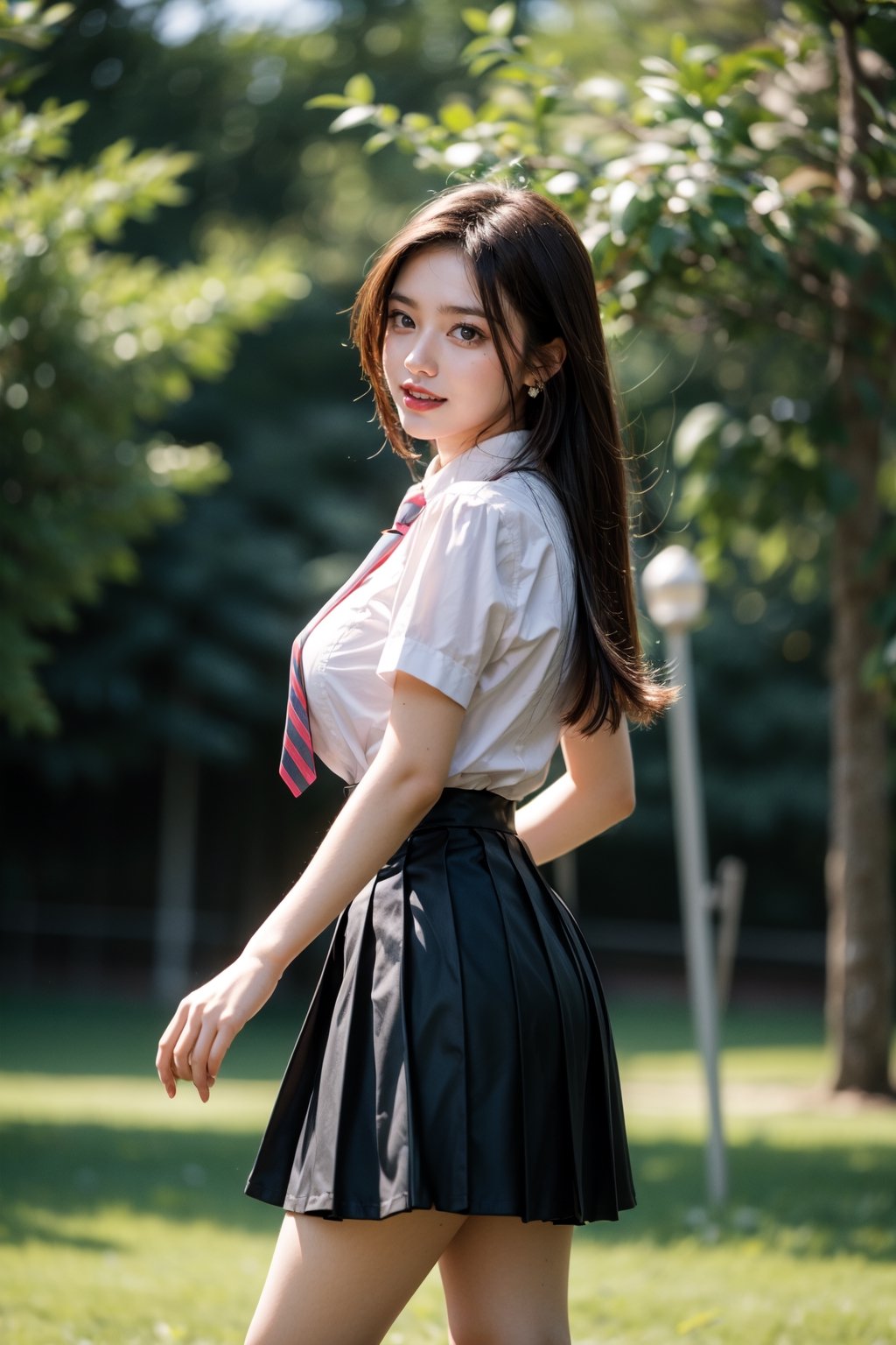 1girl, solo, long hair,large breasts,looking back at viewer, smile, skirt, shirt, black hair, brown eyes, jewelry, school uniform, wFhite short shirt, short sleeves, pleated skirt, earrings, outdoors, necktie, teeth, day, collared shirt, Black pleated miniskirt, tree, grass, realistic,white canvas shoes,dark blue background red stripe tie,