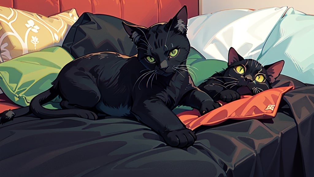 a close-up of a black cat sleeping on a blanket with pillows, cat, black cat, no human, 1 cat, yellowish-green eyes, white spots on paws, kitten