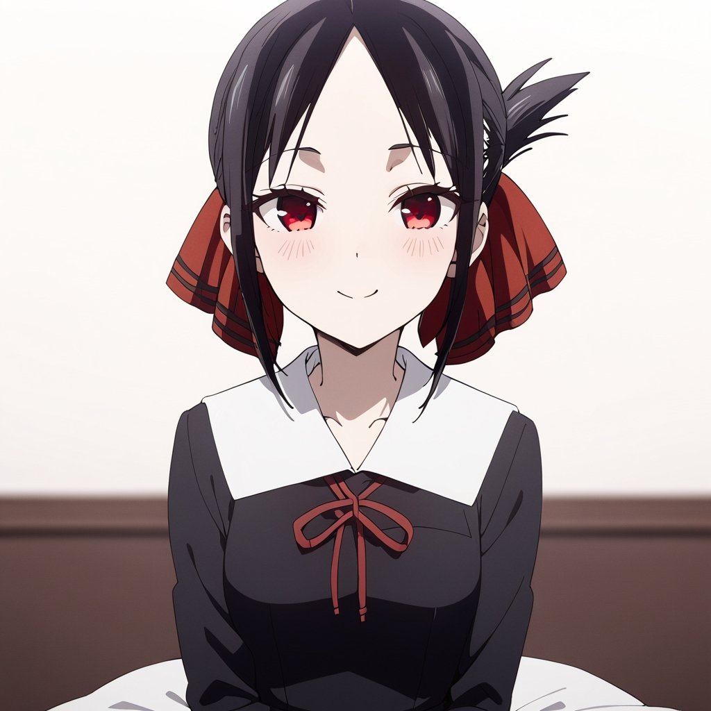 kaguya, best quality,masterpiece,highres,1girl,solo,newest,rating: general, looking at viewer ,  ,(kaguya, bangs, black hair, red eyes, sidelocks, shinomiya kaguya,folded ponytail,parted bangs),hair ribbon, ribbon, red ribbon, , dress, black dress, school uniform, shuuchiin academy school uniform,smile
,vomiting cum,(motion sex)